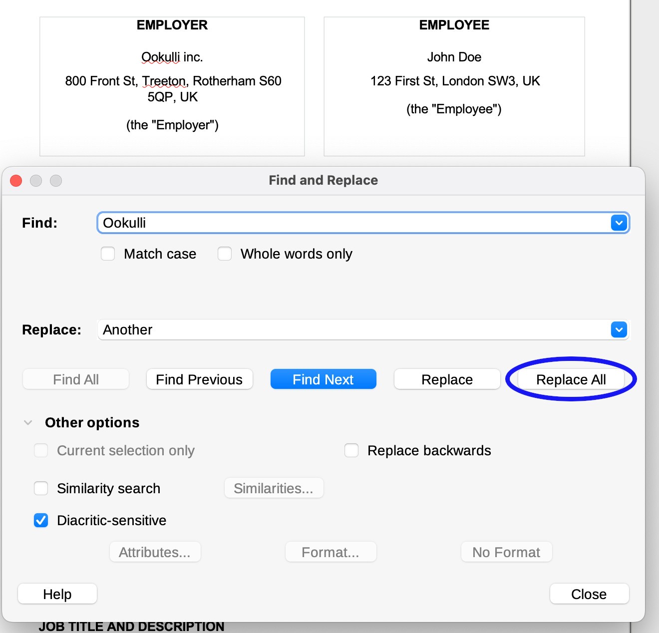 Replacing a real employer name with a substitute name in a contract using LibreOffice Draw