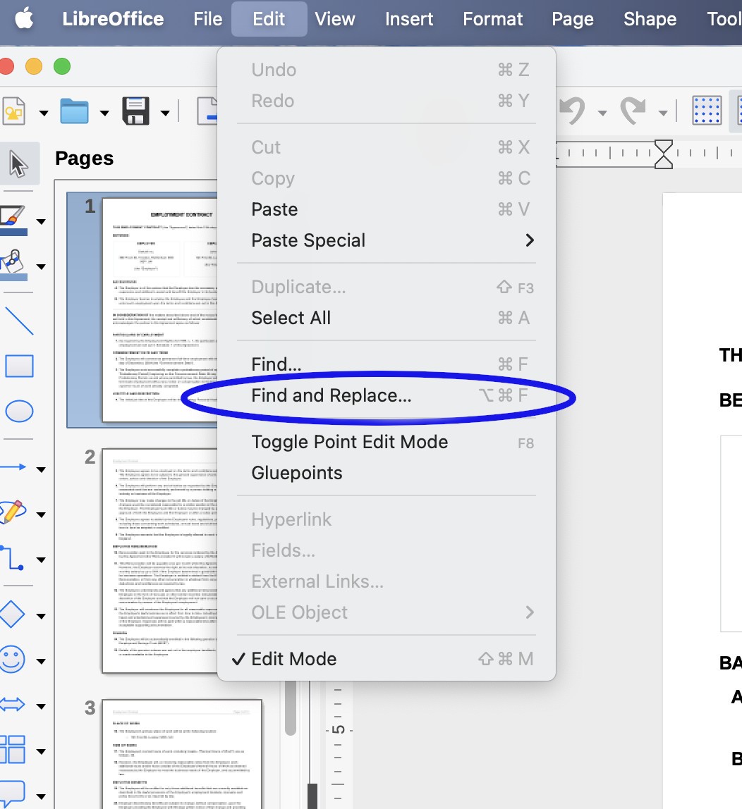 Find and replace dialogue open in LibreOffice Draw with a PDF contract loaded